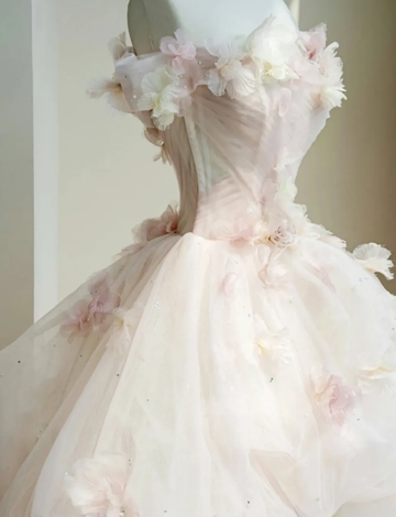 Floral A Line Off the Shoulder Pink Tulle Party Dress Evening Dress HZ1023